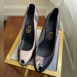 ASH satin dark gray peep toe pumps.